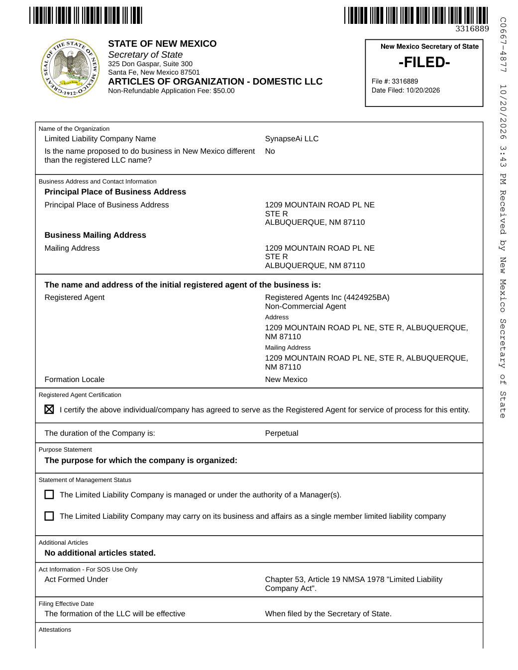 Filed New Mexico Articles of Organization thumbnail