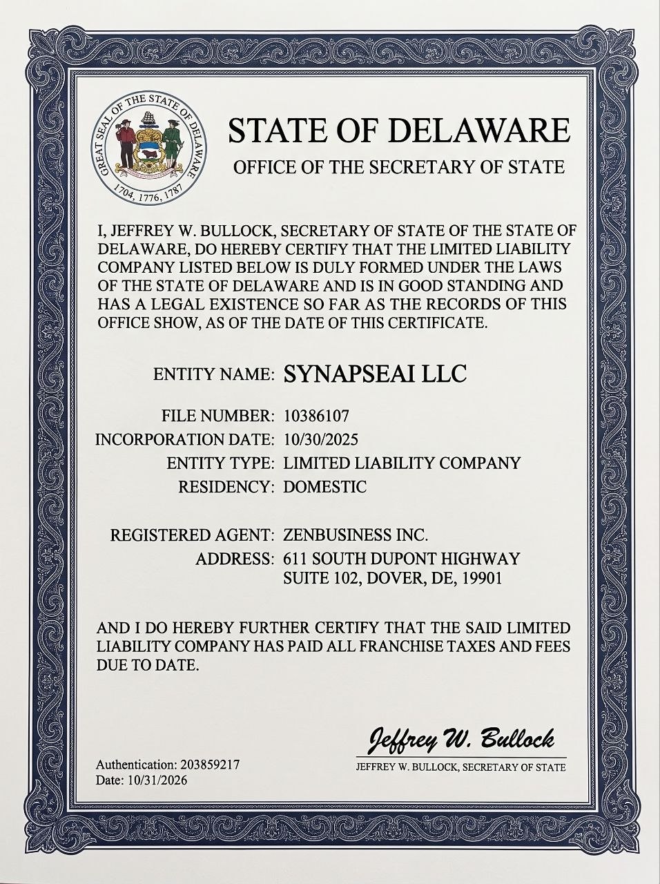 Supplied Delaware certificate naming SynapseAi LLC, file number 10386107